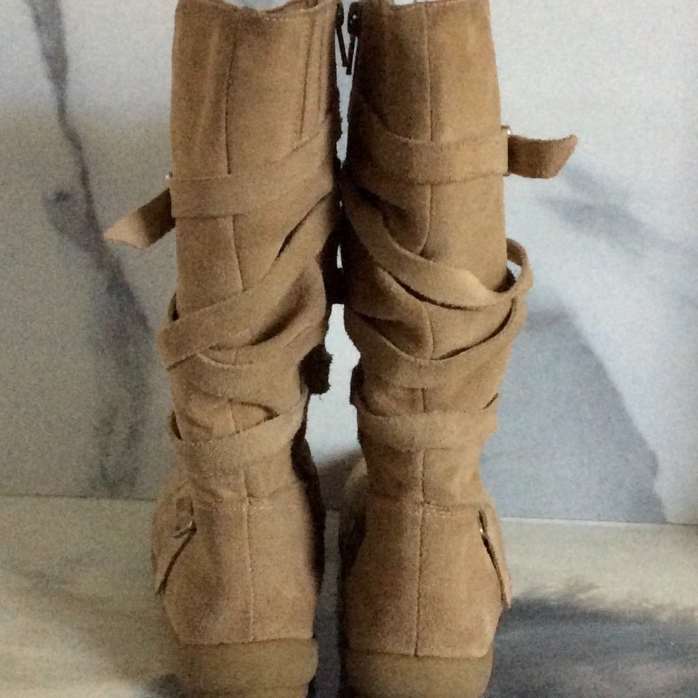 Beige Suede Side Zip Boots with Straps & Buckles - Picture 8 of 13